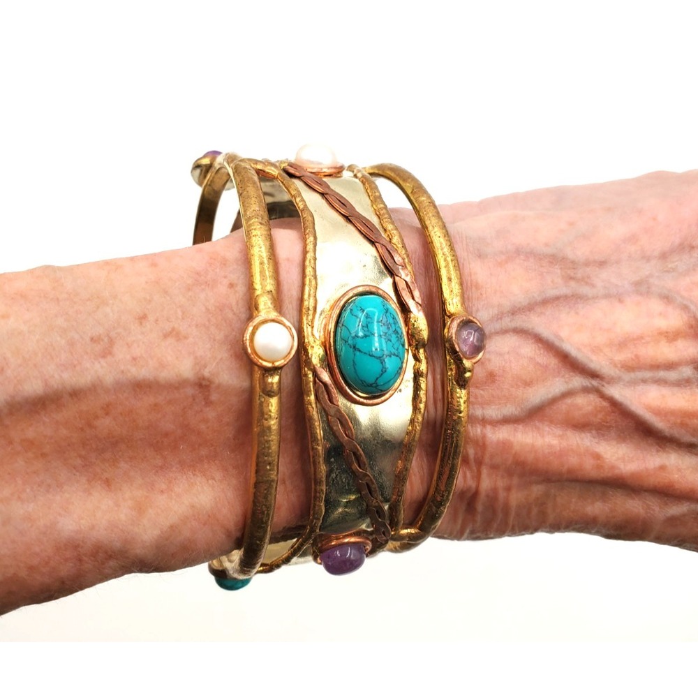 Artisan Mixed Metal‎ Hammered Cuff Bracelet Turquoise Color Cabochon Boho